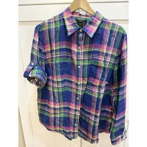 Lauren Ralph Lauren Plaid Blue Pink 100% Linen Embroidered Logo Roll Tab Top 1X